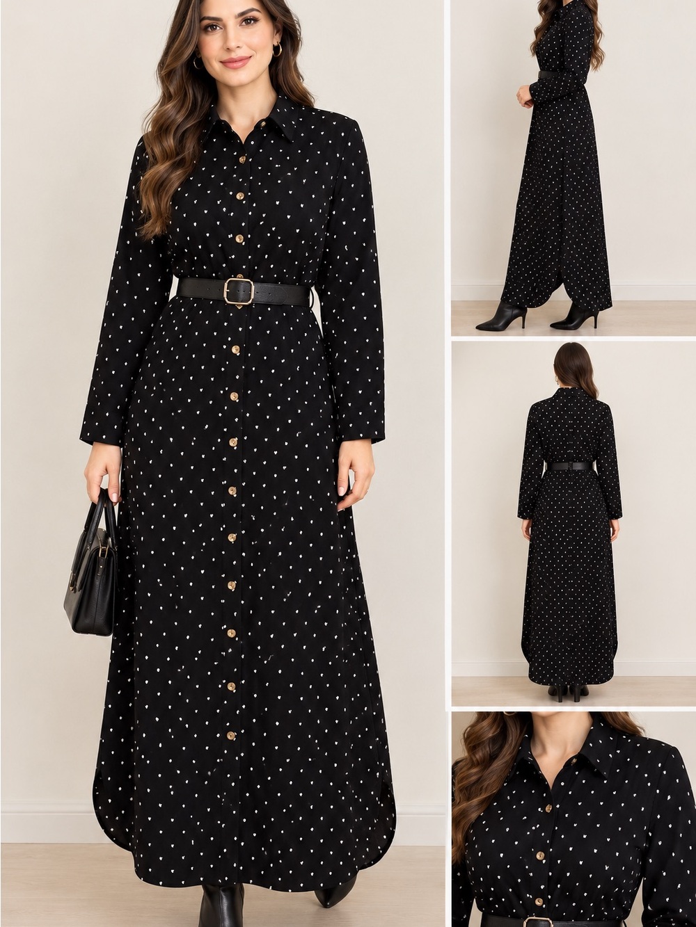 Vince Black Maxi Shirt Dress with White Polka Dots
